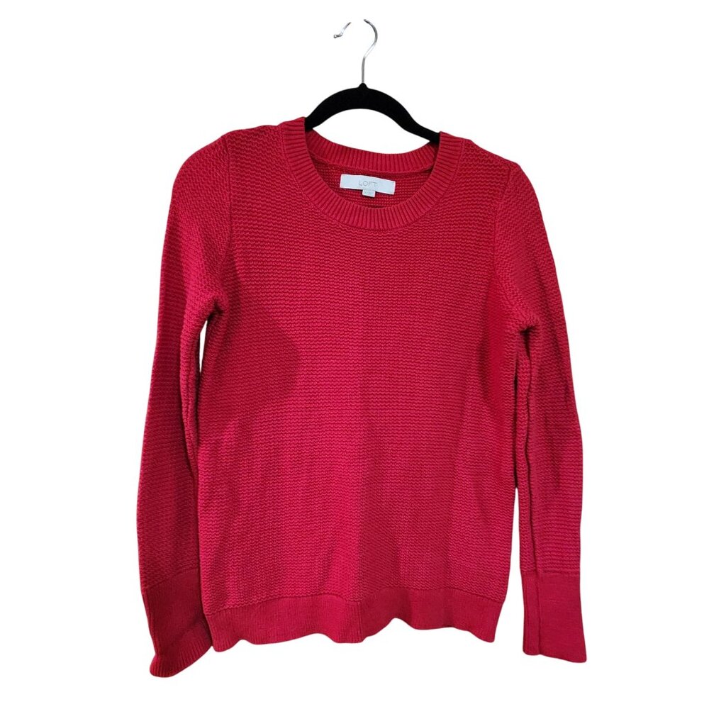 Loft Womens Red Textured Knit Sweater M Long Sleeve Button Cuffs Cotton Blend